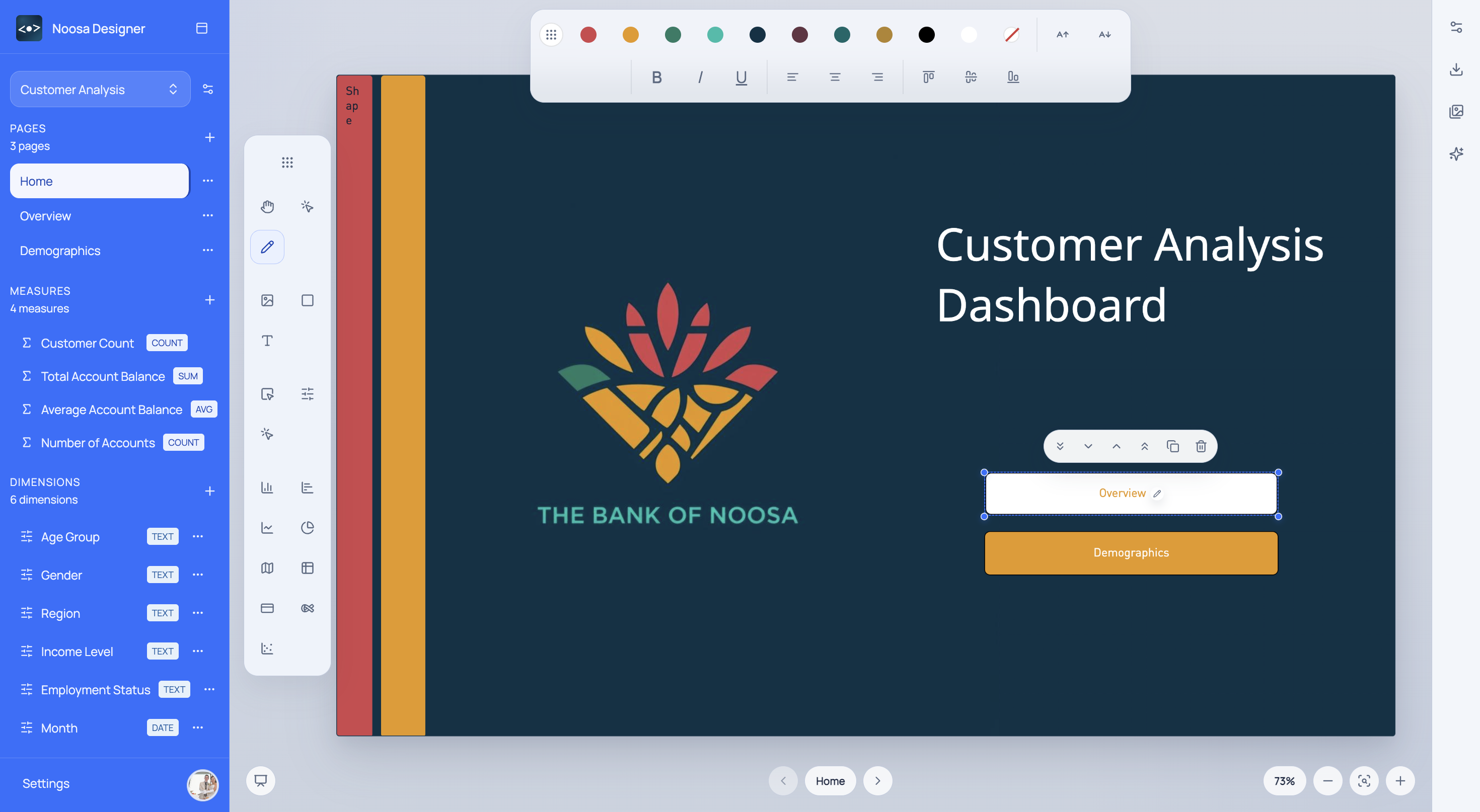 Noosa Designer editing workflow with branded dashboard composition and theming controls.