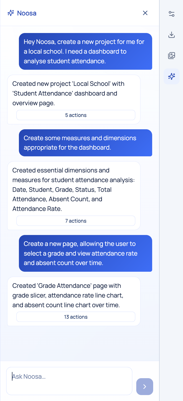 Noosa chat and AI-assisted dashboard features screenshot showing branded school analytics workflows.